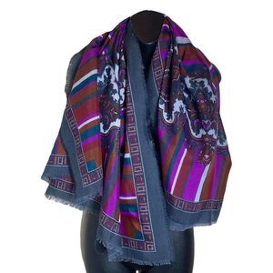 Large square scarf striped w filigree and raw hems